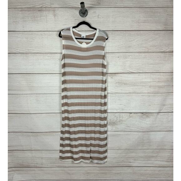 L&RK Women's Tan & White Striped Lightweight Midi Sleeveless Dress Size Large - Picture 1 of 9